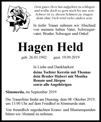 Traueranzeige von Hagen Held von Thüringer Allgemeine