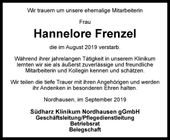 Traueranzeige von Hannelore Frenzel von Thüringer Allgemeine