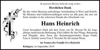 Traueranzeige von Hans Heinrich von Ostthüringer Zeitung