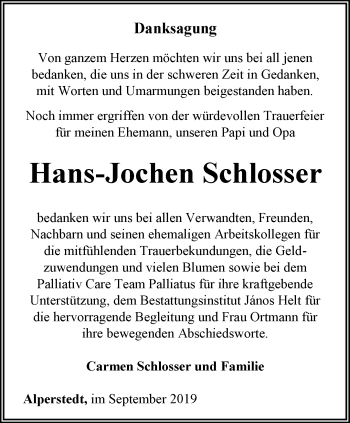 Traueranzeige von Hans-Jochen Schlosser von Thüringer Allgemeine, Thüringische Landeszeitung