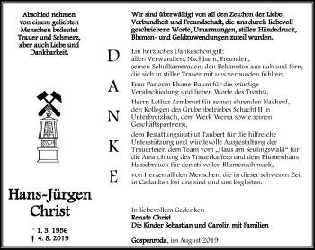 Traueranzeige von Hans-Jürgen Christ von Thüringer Allgemeine, Thüringische Landeszeitung