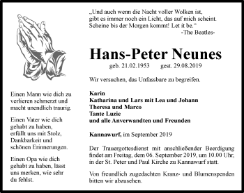 Traueranzeige von Hans-Peter Neunes von Thüringer Allgemeine