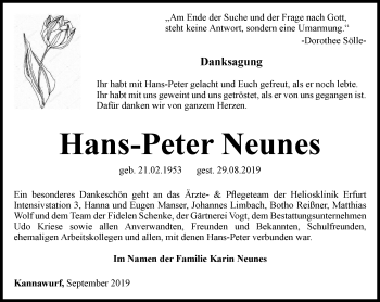 Traueranzeige von Hans-Peter Neunes von Thüringer Allgemeine