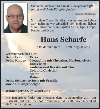Traueranzeige von Hans Scharfe von Thüringer Allgemeine