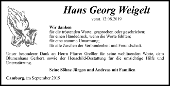 Traueranzeige von Hans Georg Weigelt von Ostthüringer Zeitung, Thüringische Landeszeitung