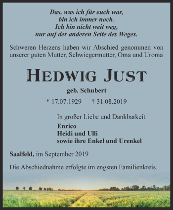 Traueranzeige von Hedwig Just von Ostthüringer Zeitung