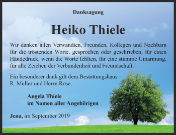 Traueranzeige von Heiko Thiele von Ostthüringer Zeitung, Thüringische Landeszeitung