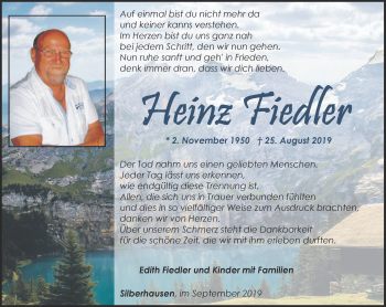 Traueranzeige von Heinz Fiedler von Thüringer Allgemeine