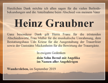 Traueranzeige von Heinz Graubner von Thüringer Allgemeine