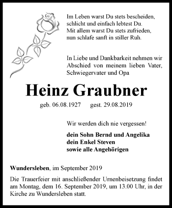 Traueranzeige von Heinz Graubner von Thüringer Allgemeine