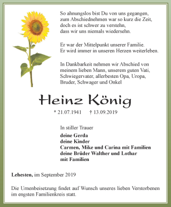 Traueranzeige von Heinz König von Ostthüringer Zeitung