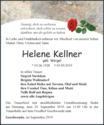 Traueranzeige von Helene Kellner von Thüringer Allgemeine