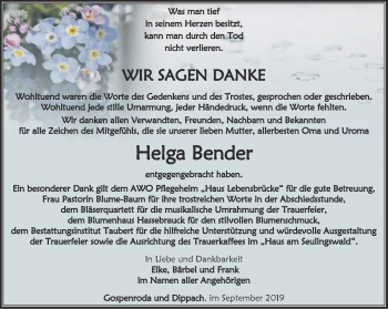 Traueranzeige von Helga Bender von Thüringer Allgemeine, Thüringische Landeszeitung