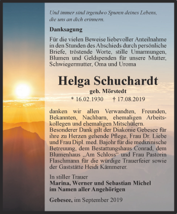 Traueranzeige von Helga Schuchardt von Thüringer Allgemeine, Thüringische Landeszeitung
