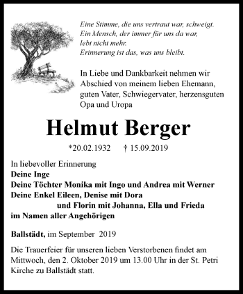 Traueranzeige von Helmut Berger von Ostthüringer Zeitung, Thüringische Landeszeitung