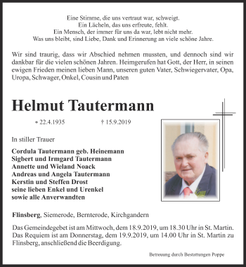 Traueranzeige von Helmut Tautermann von Thüringer Allgemeine