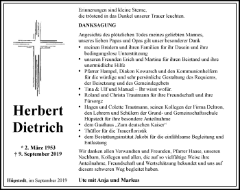 Traueranzeige von Herbert Dietrich von Thüringer Allgemeine, Thüringische Landeszeitung