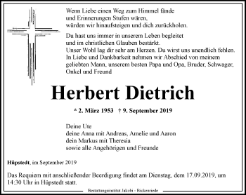 Traueranzeige von Herbert Dietrich von Thüringer Allgemeine, Thüringische Landeszeitung