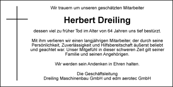 Traueranzeige von Herbert Dreiling von Thüringer Allgemeine