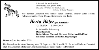 Traueranzeige von Herta Höfer von Ostthüringer Zeitung, Thüringische Landeszeitung