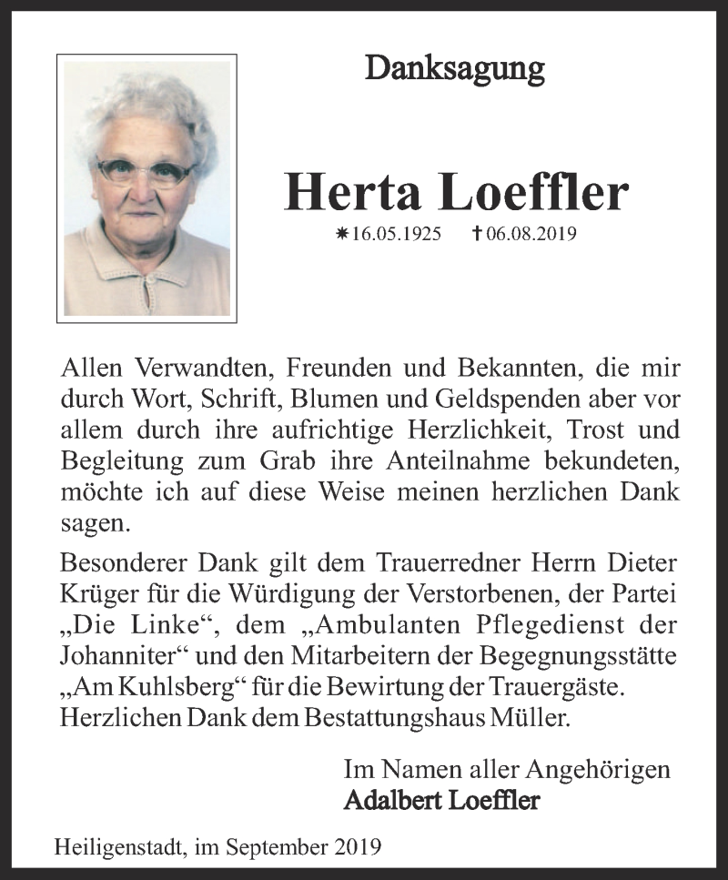  Traueranzeige für Herta Loeffler vom 07.09.2019 aus Thüringer Allgemeine