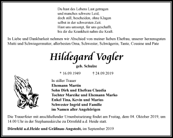 Traueranzeige von Hildegard Vogler von Ostthüringer Zeitung