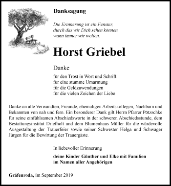 Traueranzeige von Horst Griebel von Thüringer Allgemeine