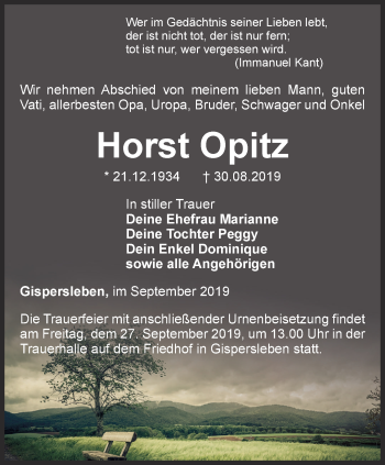 Traueranzeige von Horst Opitz von Thüringer Allgemeine, Thüringische Landeszeitung