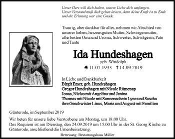 Traueranzeige von Ida Hundeshagen von Thüringer Allgemeine