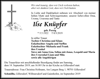 Traueranzeige von Ilse Knüpfer von Ostthüringer Zeitung