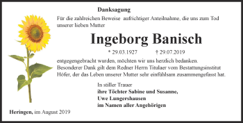 Traueranzeige von Ingeborg Banisch von Thüringer Allgemeine