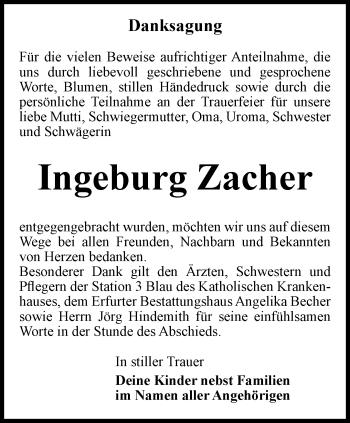 Traueranzeige von Ingeburg Zacher von Thüringer Allgemeine, Thüringische Landeszeitung