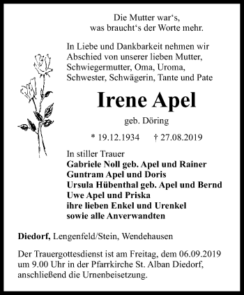 Traueranzeige von Irene Apel von Thüringer Allgemeine, Thüringische Landeszeitung