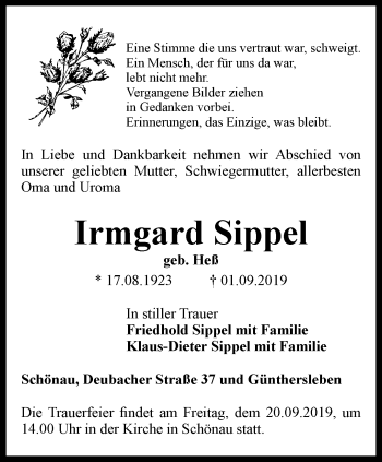 Traueranzeige von Irmgard Sippel von Thüringer Allgemeine, Thüringische Landeszeitung