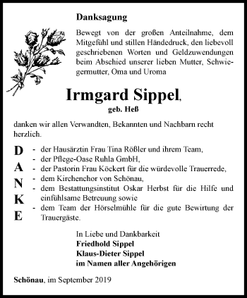 Traueranzeige von Irmgard Sippel von Thüringer Allgemeine, Thüringische Landeszeitung