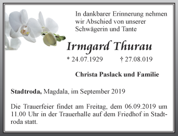Traueranzeige von Irmgard Thurau von Ostthüringer Zeitung