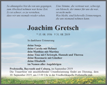 Traueranzeige von Joachim Gretsch von Ostthüringer Zeitung