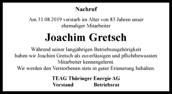 Traueranzeige von Joachim Gretsch von Ostthüringer Zeitung