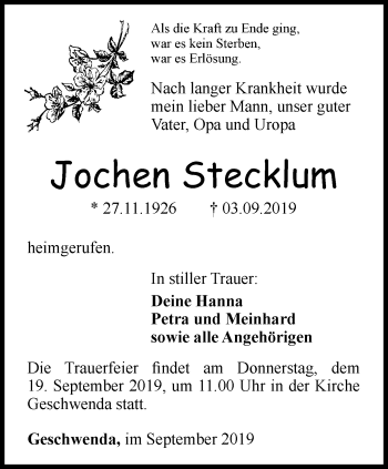 Traueranzeige von Jochen Stecklum von Thüringer Allgemeine