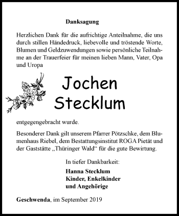 Traueranzeige von Jochen Stecklum von Thüringer Allgemeine