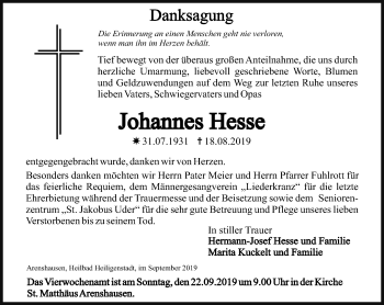 Traueranzeige von Johannes Hesse von Thüringer Allgemeine