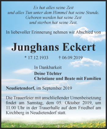 Traueranzeige von Junghans Eckert von Thüringer Allgemeine, Thüringische Landeszeitung