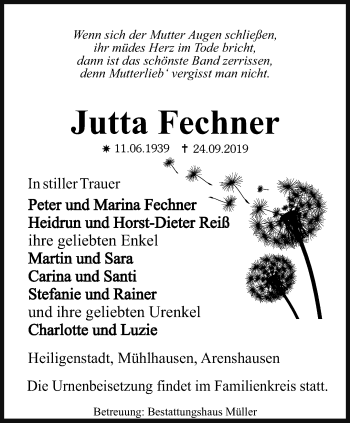 Traueranzeige von Jutta Fechner von Thüringer Allgemeine