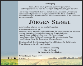 Traueranzeige von Jörgen Siegel von Ostthüringer Zeitung