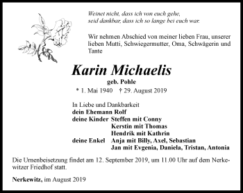 Traueranzeige von Karin Michaelis von Ostthüringer Zeitung, Thüringische Landeszeitung
