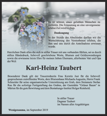 Traueranzeige von Karl-Heinz Taubert von Ostthüringer Zeitung