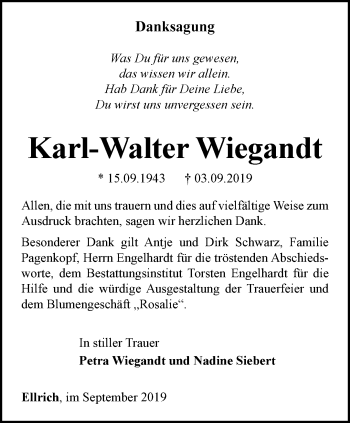 Traueranzeige von Karl-Walter Wiegandt von Thüringer Allgemeine