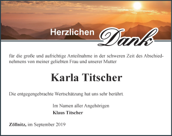 Traueranzeige von Karla Titscher von Ostthüringer Zeitung, Thüringische Landeszeitung