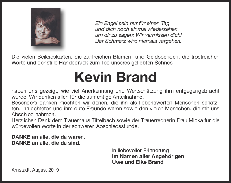  Traueranzeige für Kevin Brand vom 03.09.2019 aus Thüringer Allgemeine