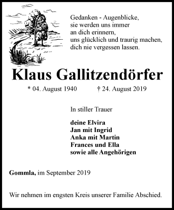 Traueranzeige von Klaus Gallitzendörfer von Ostthüringer Zeitung